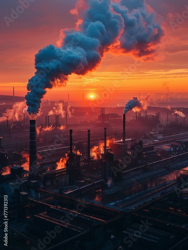 Sunrise over steel mill, wide angle, industrial might for a powerful manufacturing wallpaper , 8K