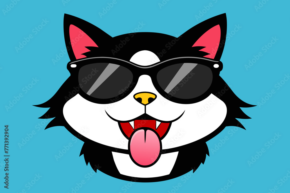 the jolly cat with black sunglasses shows her tongue