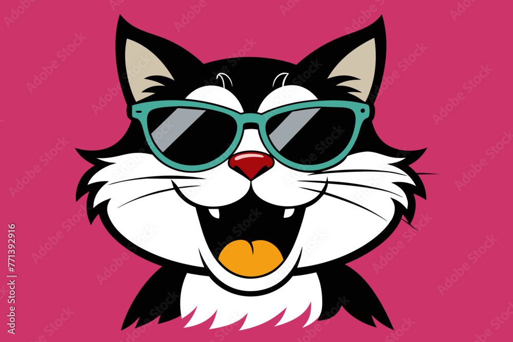 the jolly cat with black sunglasses shows her tongue