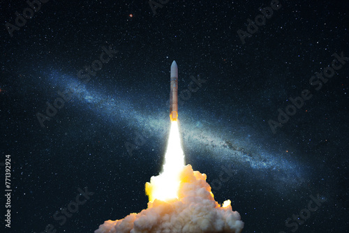 Spacecraft flies up into the starry sky. Rocket with smoke flies into space. Space Shuttle