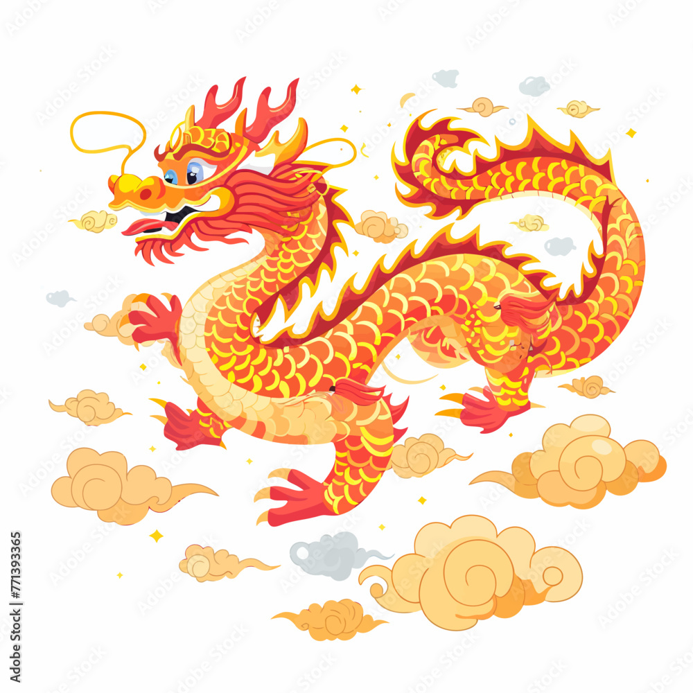 a yellow and red dragon flying through the sky