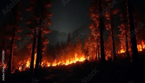 Burning forest landscape at night. Trees on fire. Hot orange flame.