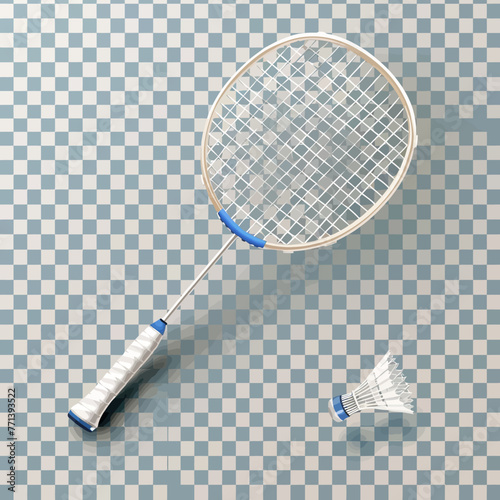a badminton racket and two shuttles on a checkered surface