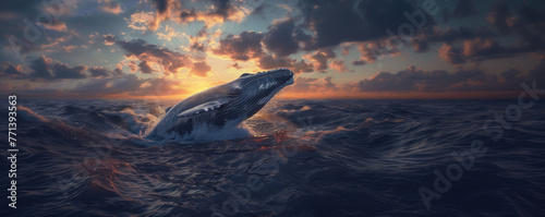Humpback whale jumping out of the water with beatuful nature, ocean, sunset. The whale is spraying water and falling on back. photo