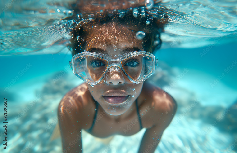 Lovely African girl taking a selfie underwater at a beach in summertime.