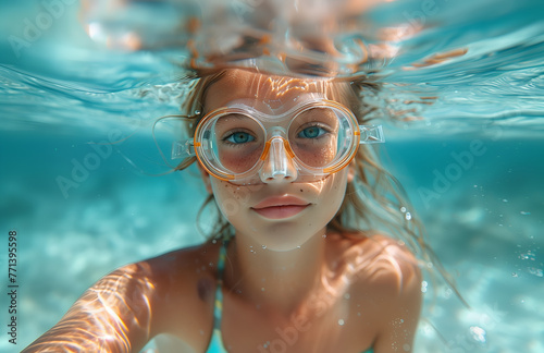 Young girl taking a selfie underwater at a pool or beach on summertime vacations 