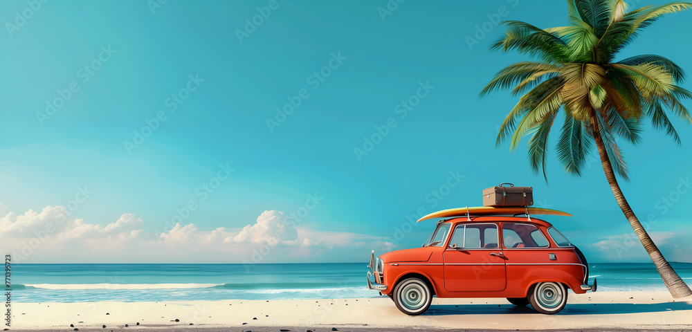 Travel car with a surfboard on a beautiful vacation beach