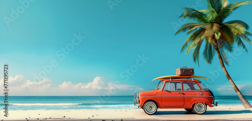 Travel car with a surfboard on a beautiful vacation beach