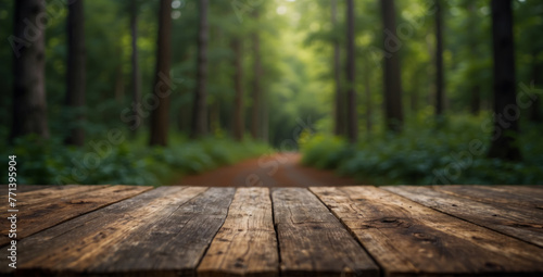 forest view with wooden table for mockup product display