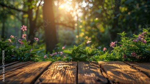 background with green lush young foliage and flowering branches with an empty wooden table on nature outdoors in sunlight in garden.