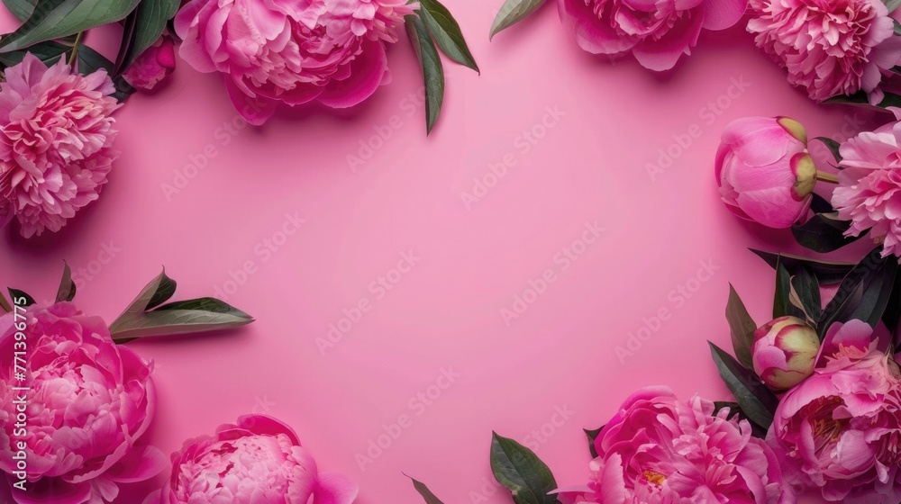 Flower Green. Valentine's Day Floral Frame on Pink Background with Copy Space