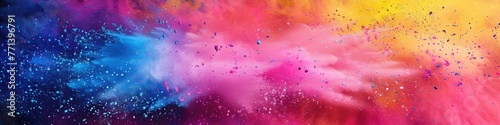 Colorful Abstract. Wide Panorama of Holi Paint Explosion in Rainbow Colors