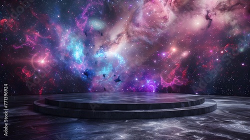 Captivating Futuristic Panorama with Cosmic Galaxies and Vibrant Nebulae on a Contrasting Circular Stage