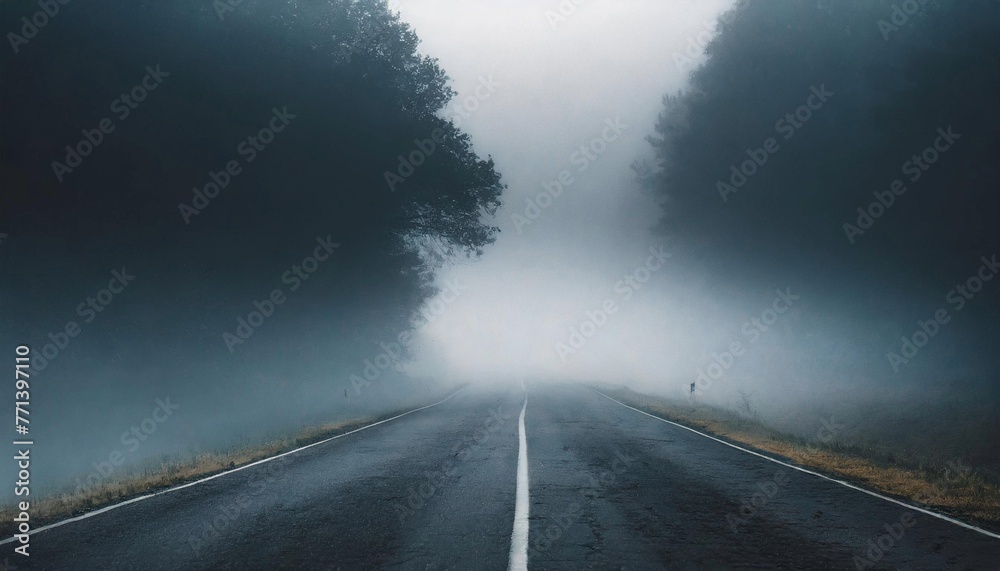 Misty road. Natural scenery with fog. Rainy season.