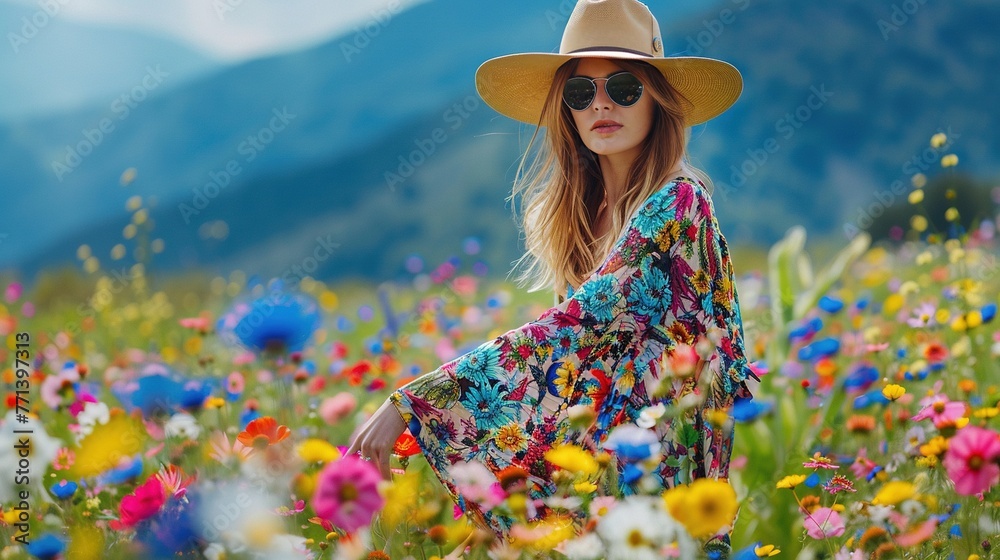 A stylish fashionista flaunting a colorful ensemble amidst a field of blooming wildflowers set against a backdrop of deep blue mountains