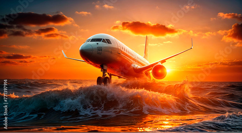 Airplane on seascape background