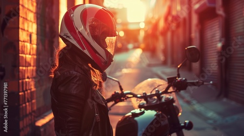 A woman wearing a motorcycle helmet is leaning in front of a motorcycle in an urban alleyway at sunset photo
