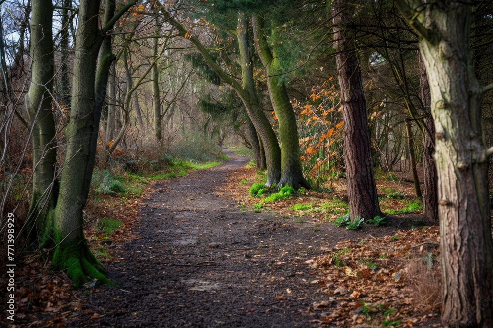 Woods Outdoors. Serene Footpath Through Lush Forest Landscape Woods Outdoors. Serene Footpath Through Lush Forest Landscape