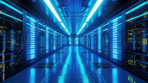 A parallel row of servers  adorned in electric blue  fills a technology-driven data center hallway with a symmetrical display of power and Azure technology. AIG41