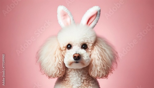 Curly-Haired Poodle with Bunny Ears Pastel Pink Backdrop