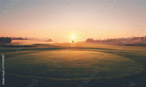  feature a serene golf course at sunrise, showing a clear sky, and well-manicured fairways , the images start a new journey in golf.  photo