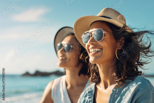 Two friends enjoy a sunny beach day, laughing with joy. photo