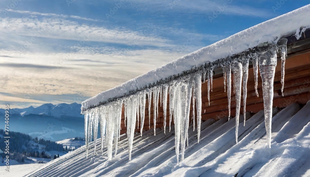 Icicles on house roof in cold winter. Snowy forest at sunrise. Icicles on house roof in cold winter. Snowy forest at sunrise.
