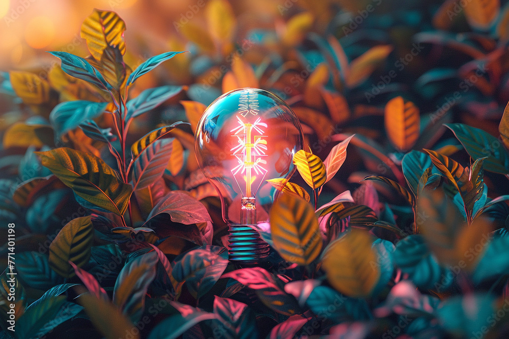 3d, Green plants covering a lightbulb positioned against a colorful background.