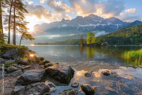 Nature Picture. Breathtaking Sunrise over Zugspitze Mountain Range at Eibsee Lake