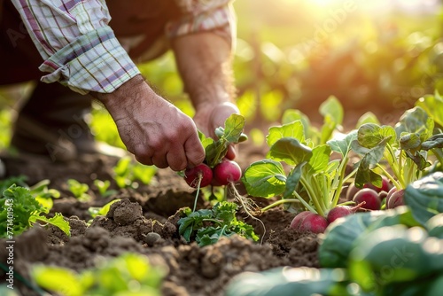 Vibrant close-up shot of a Chef s hands gently plucking fresh vegetables from the soil on a sun-kissed farm