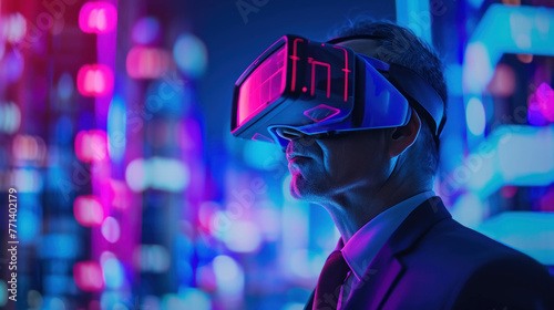 Businessman using virtual reality headset  VR future the concept of representing AI modern business communication and VR technology