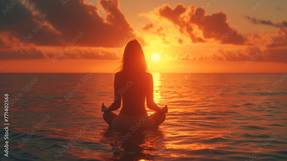 woman in lotus position meditating at sunset