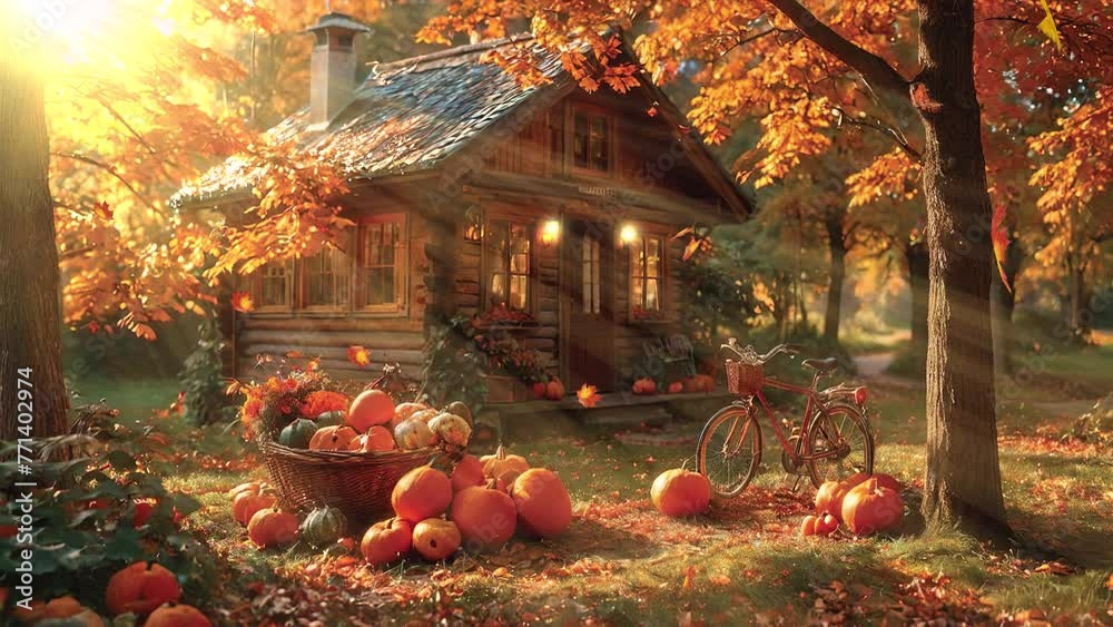 Lose yourself in the tranquility of autumn as you behold a classic stacked house embraced by piles of wood, depicted in this enchanting 4k looping video.