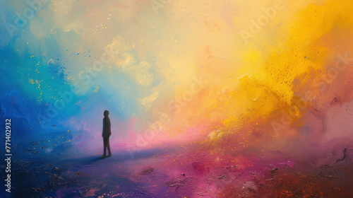 Colorful paint art color splash with an alone person background, Feeling of loneliness and loneliness