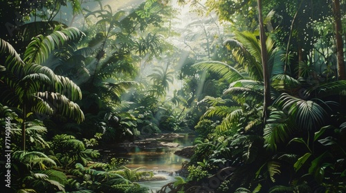 Sunlight Filtering Through Trees in Jungle Painting