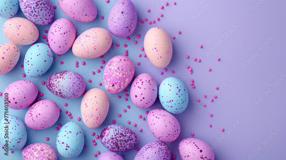 A colorful Easter egg pattern fills the frame, with pink and blue eggs scattered across the image