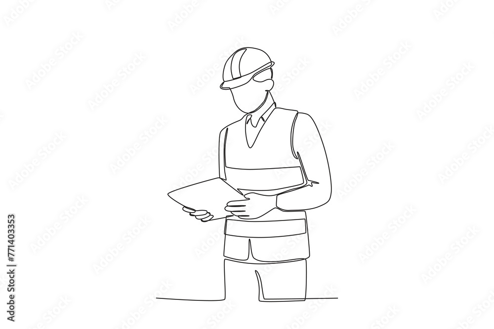 Single continuous line drawing of Warehouse employee looking at a list of items. Professional work job occupation. Minimalism concept one line draw graphic design vector illustration
