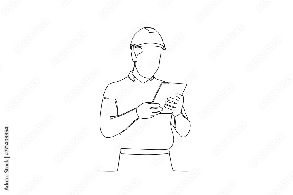 Single continuous line drawing of Warehouse employee looking at a list of items. Professional work job occupation. Minimalism concept one line draw graphic design vector illustration
