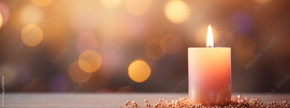 Burning candles on a dark background with bokeh, A decorative scented candle casting a warm glow with confetti burst - obrazy, fototapety, plakaty 