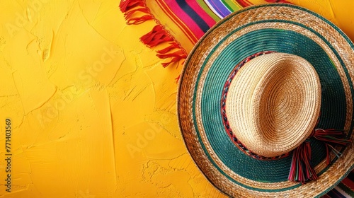 a colorful Mexican sombrero with a colorful striped blanket and a red