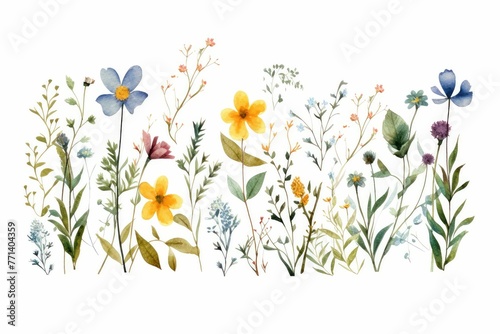 watercolor of wildflower clipart featuring a mix of colorful blooms and greenery. flowers frame,botanical border.
