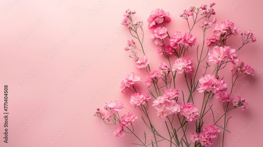 A Pink carnation flowers are arranged in a bunch on a pink background