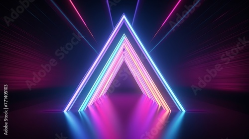Dark room with neon lights and triangular floor; ideal for futuristic, mysterious, or scifi design projects needing an edgy vibe. © rajagambar99