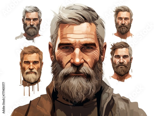 A man with a beard is shown in a series of different styles