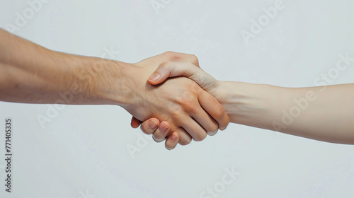 close up of a business and casual handshake on a white background 
