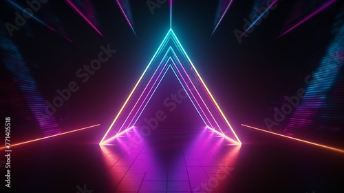 Dark room with neon lights and triangular floor; ideal for futuristic, mysterious, or scifi design projects needing an edgy vibe.
