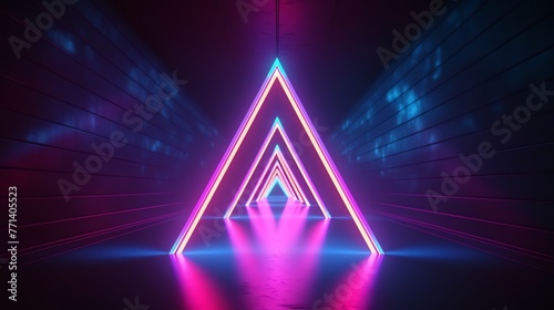 Dark room with neon lights and triangular floor; ideal for futuristic, mysterious, or scifi design projects needing an edgy vibe.