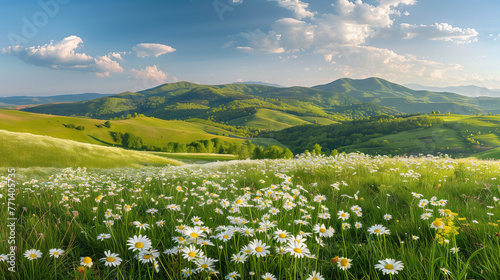 Beautiful daisy flower spring landscape with green mountains