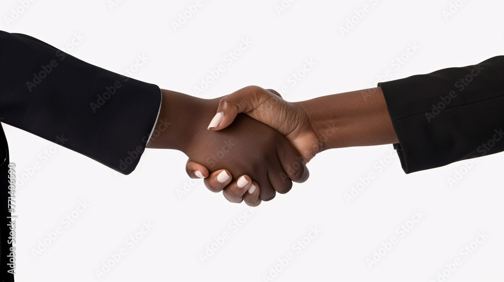 close up of a business and casual handshake on a white background 