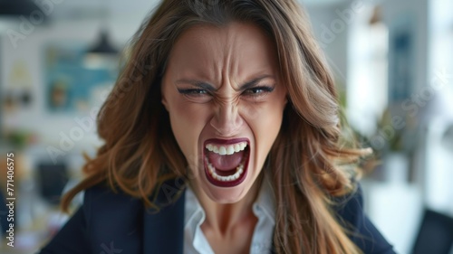Angry businesswoman yelling fiercely - Close-up of a furious woman screaming in a business suit, highly expressive emotion captured